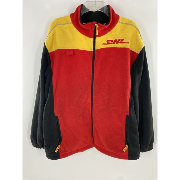 DHL Delivery Jacket Mens L Red Black Yellow Full Zip Fleece Long Sleeve Racing